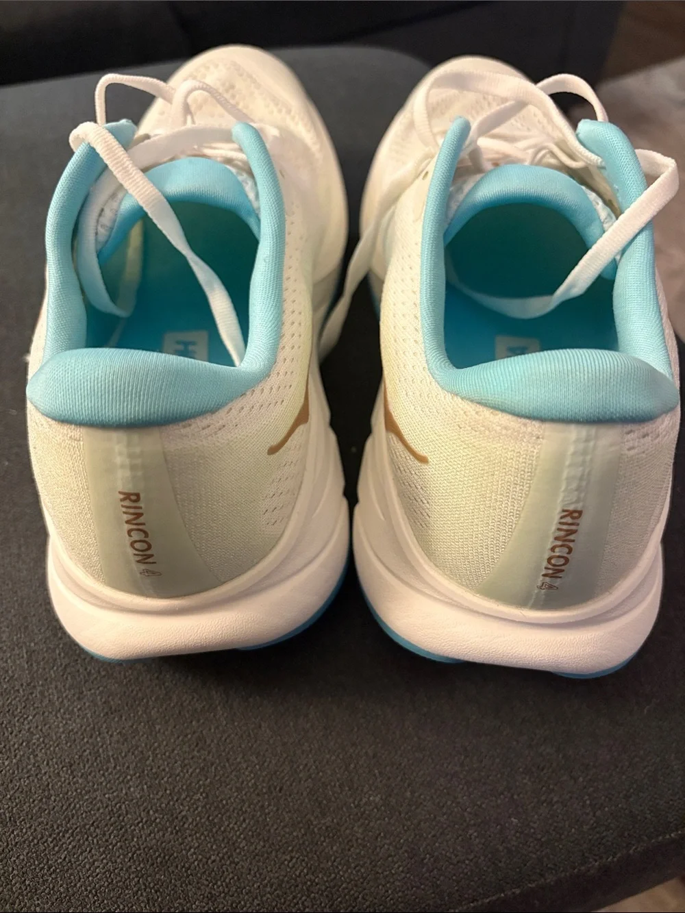 Hoka Women’s White & Aqua Running Sneakers with Gold Logo